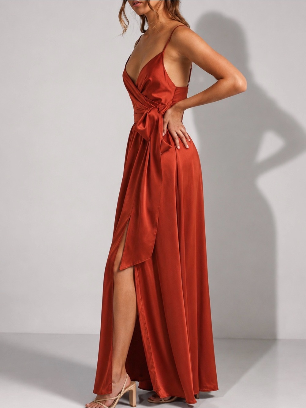 Revolve SHOWPO Around Me Copper Satin Wrap Maxi Dress Size 4 NWT - Picture 5 of 13